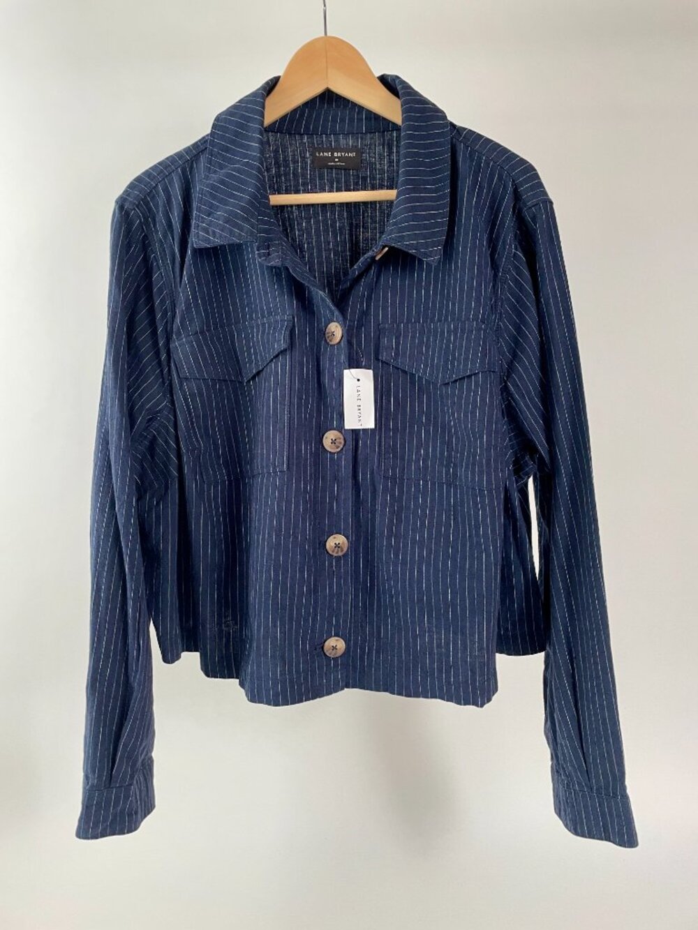 NEW Lane Bryant Cotton/Linen Cropped Shirt Jacket, Navy/White Pinstripe, Sz 18